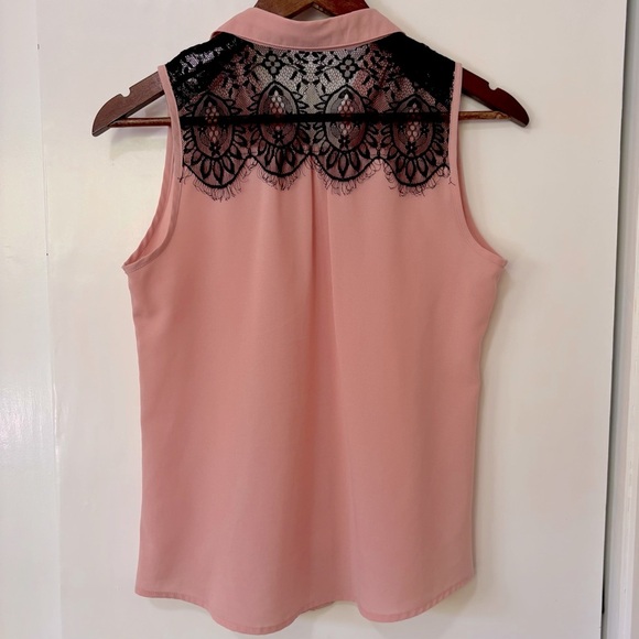 Mine| Pretty Pink Lightweight Sleeveless Blouse w/Black Lace Panels Sz S - Picture 4 of 5